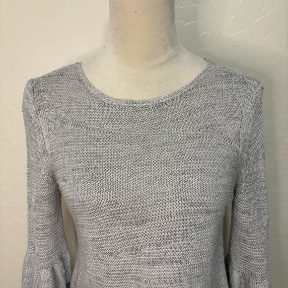 NIC+ZOE Gray Linen Long Striped Ruffle Bell Sleeve Pullover Sweater Size 2P - Picture 3 of 11